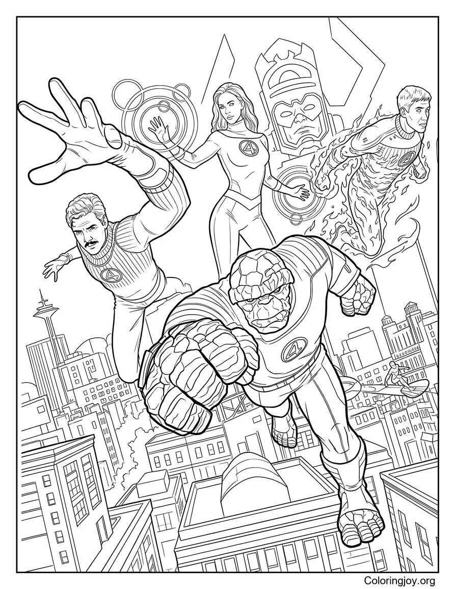 Fantastic Four Team Fight Scene Coloring Page