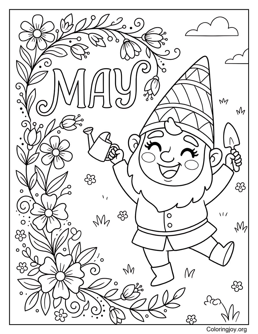 Cadre floral entourant la page de coloriage du mot May