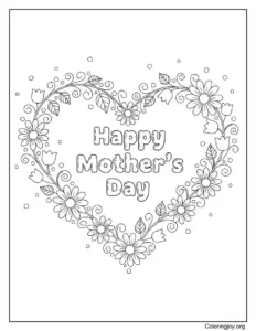 Floral Heart Shape Happy Mothers Day Coloring Page