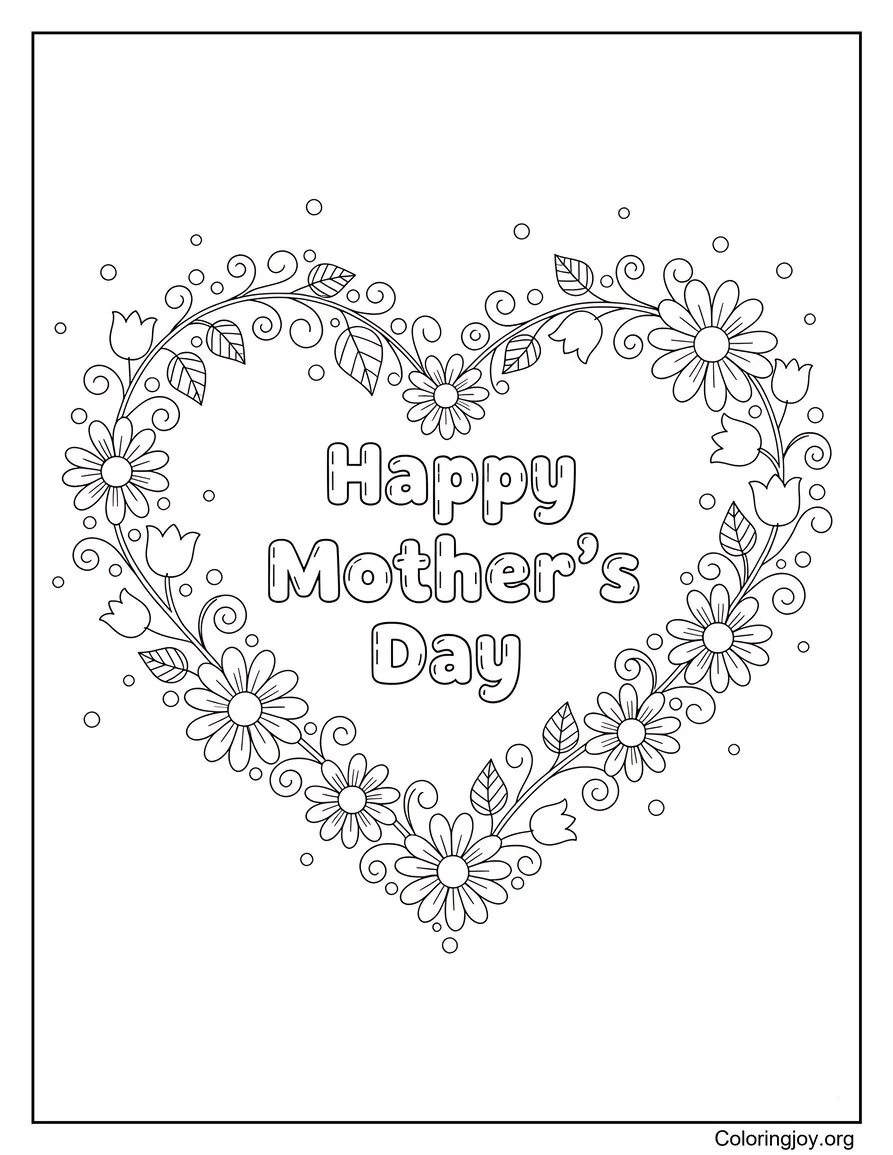 Floral Heart Shape Happy Mothers Day Coloring Page