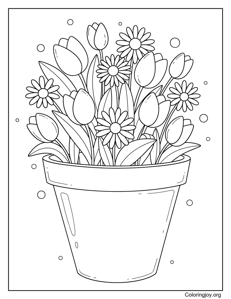 Flower Pot With Spring Flowers Coloring Page