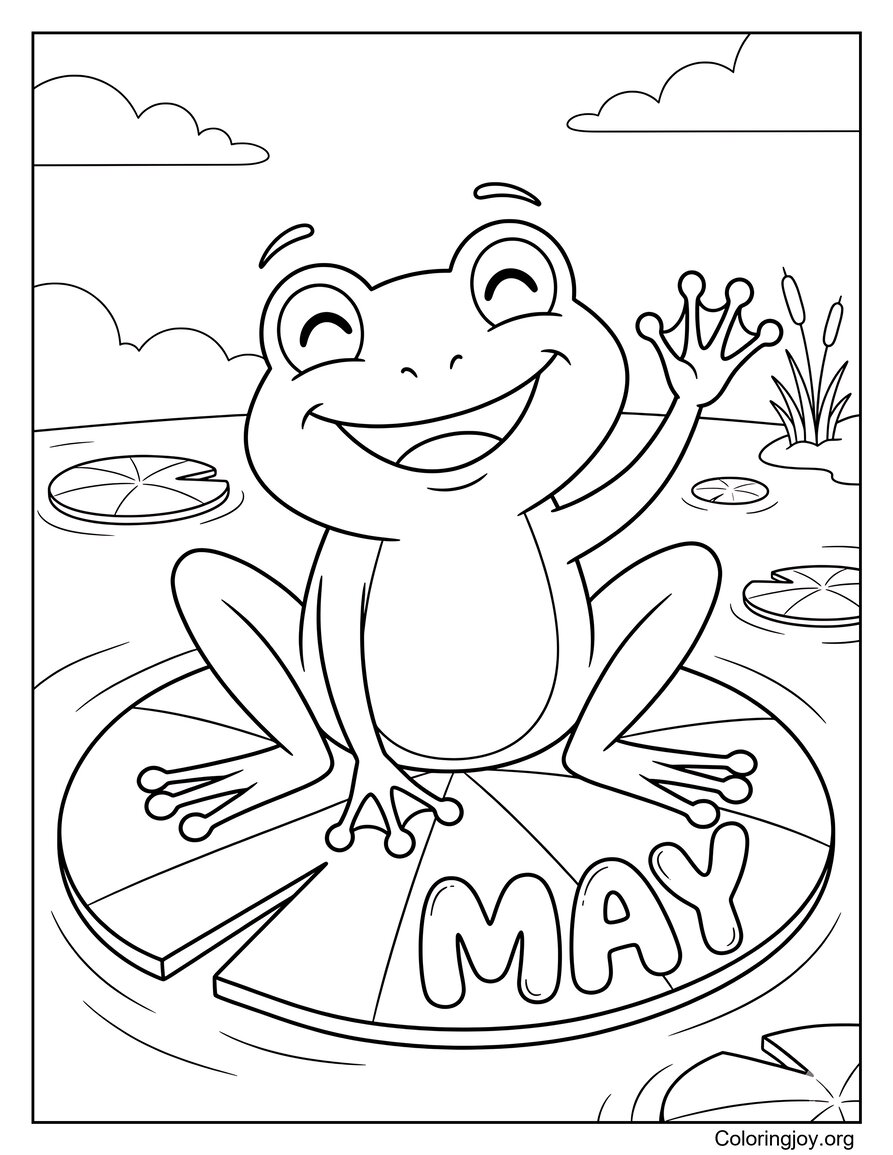 Page de coloriage de grenouille amicale assise sur des nénuphars