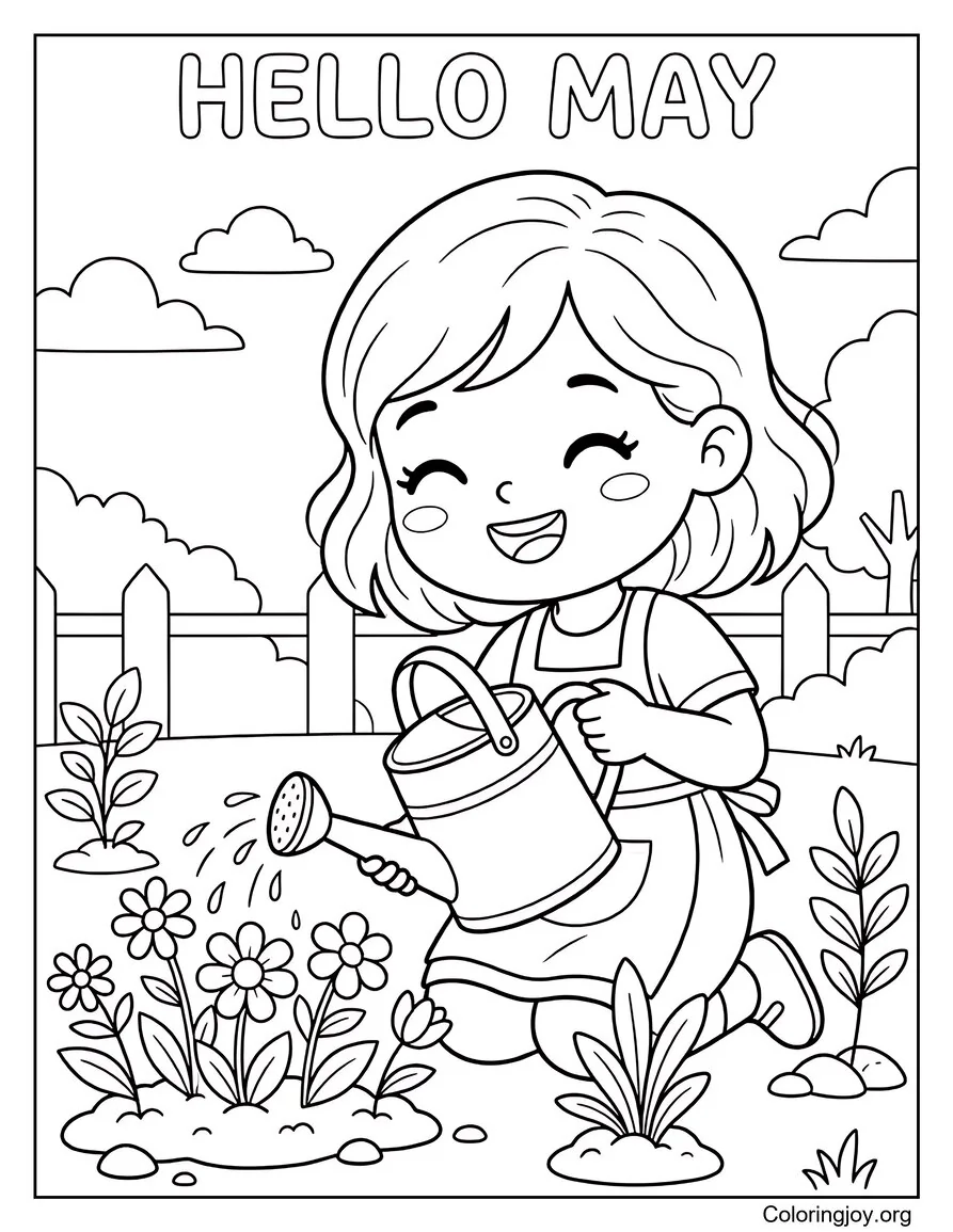 Garden Watering Scene With Flowers Growing Coloring Sheet