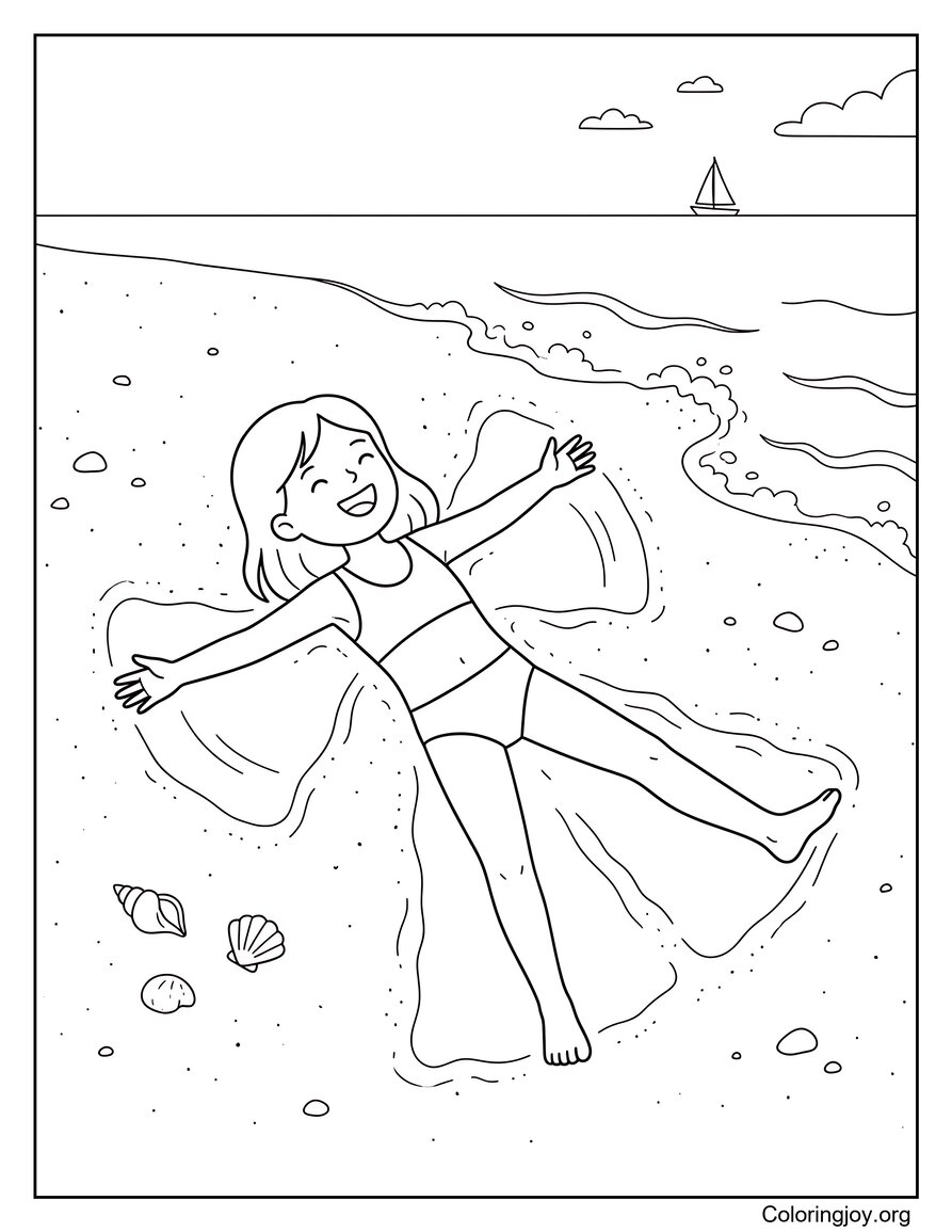Girl Making Sand Angels On The Beach Coloring Sheet