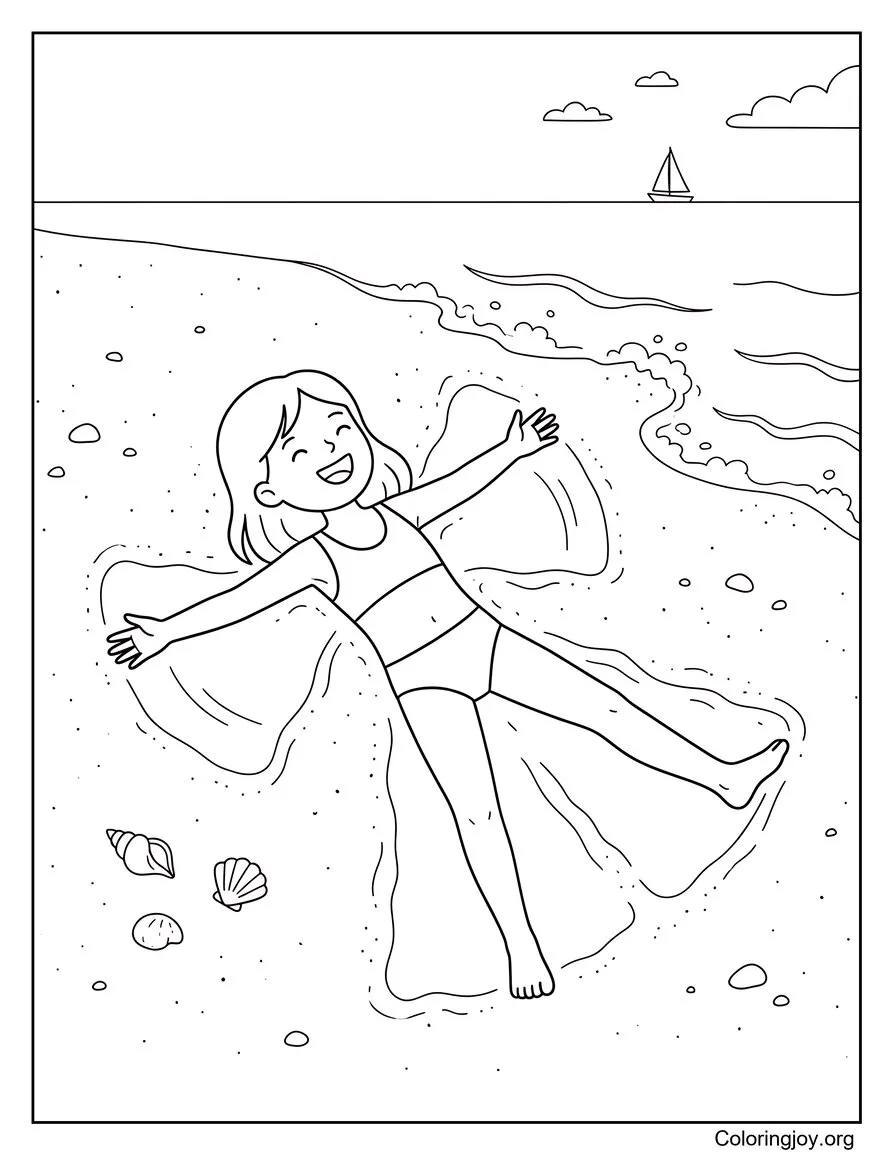 Girl Making Sand Angels On The Beach Coloring Sheet