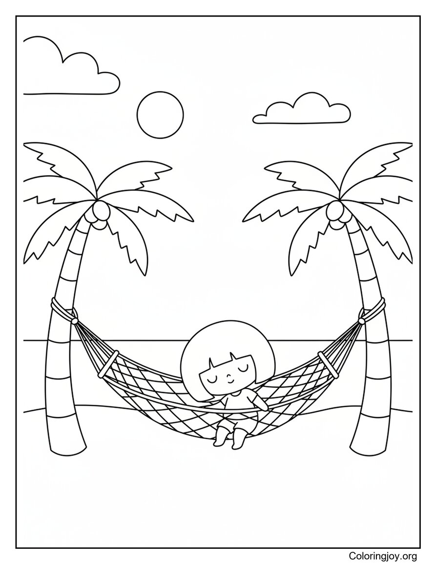 Girl Relaxing In A Beach Hammock Between Palm Trees Coloring Page