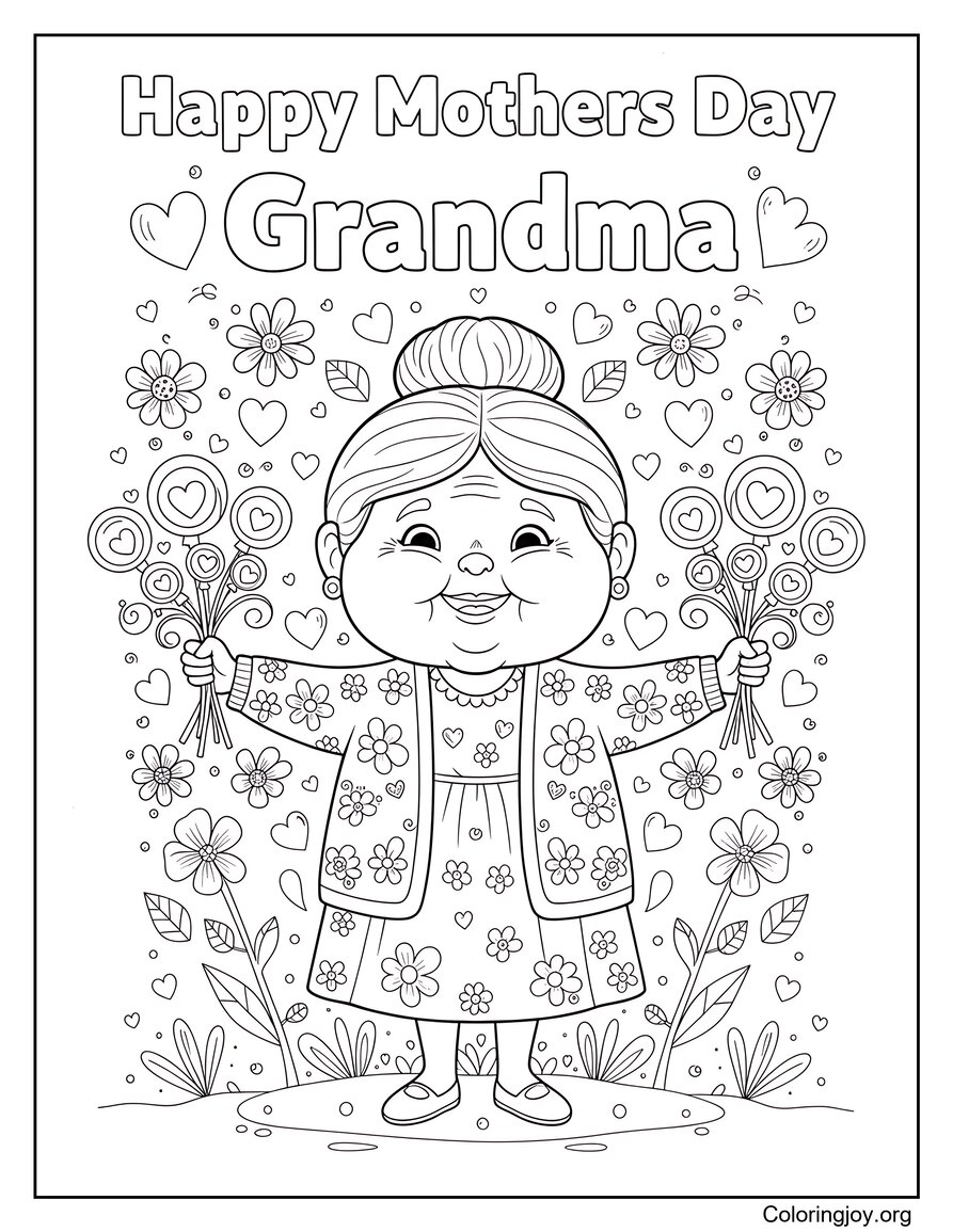 Ausmalbilder Oma zum Muttertag mit Blumen