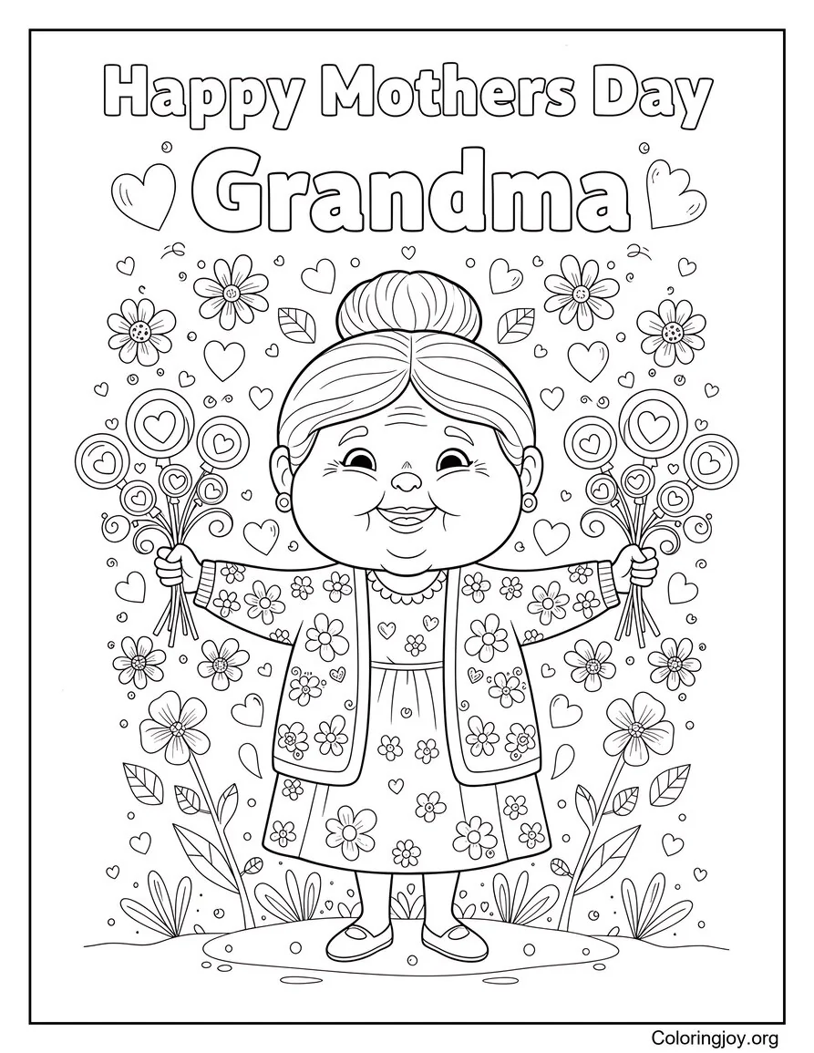 Grandma Happy Mothers Day Coloring Page With Flowers