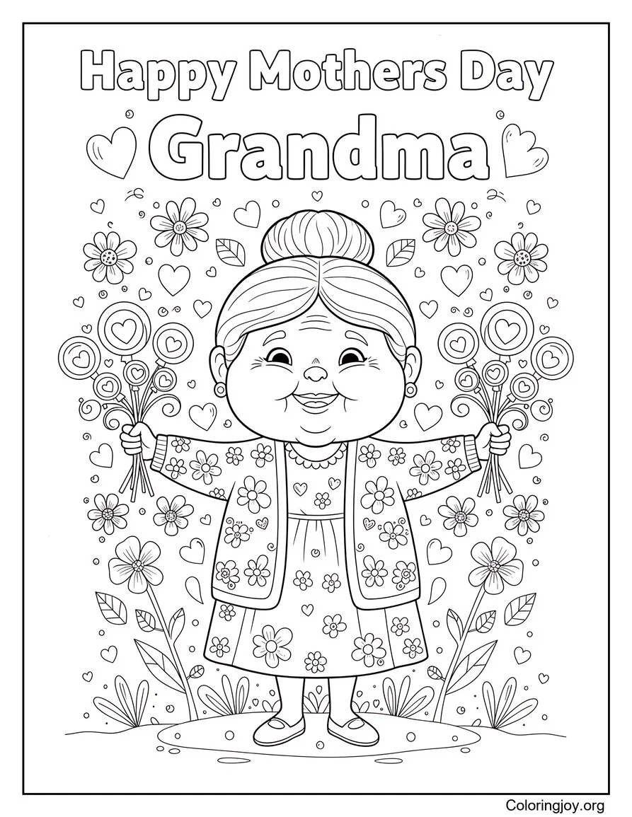 Grandma Happy Mothers Day Coloring Page With Flowers