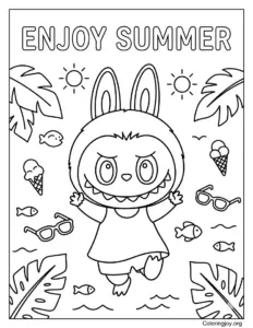 Happy Enjoy Summer Labubu-Inspired Coloring Sheet