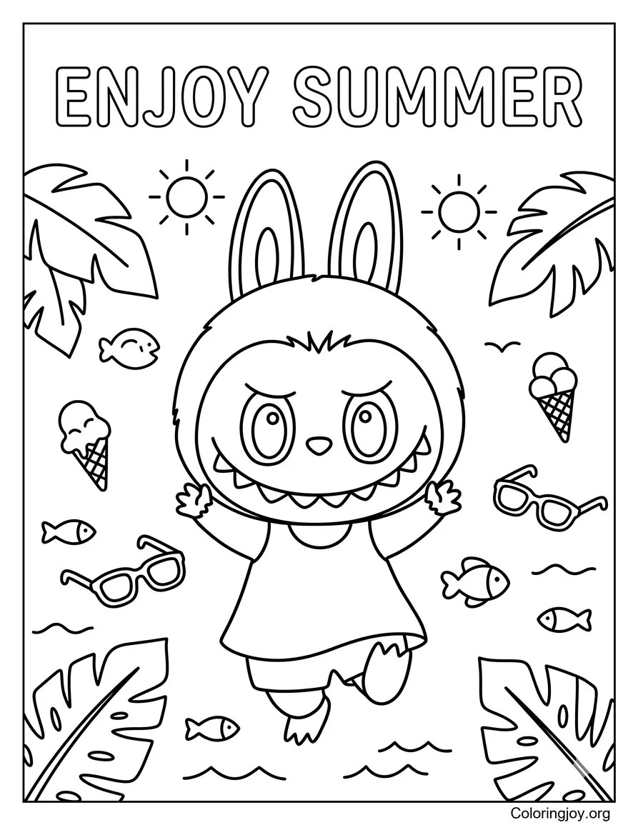 Happy Enjoy Summer Labubu-Inspired Coloring Sheet