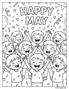 Happy May Celebration With Kids And Confetti Coloring Page