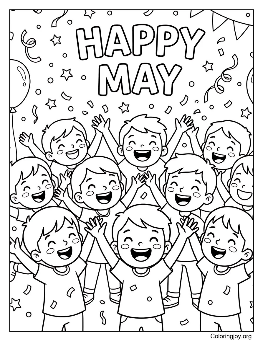 Happy May Celebration With Kids And Confetti Coloring Page