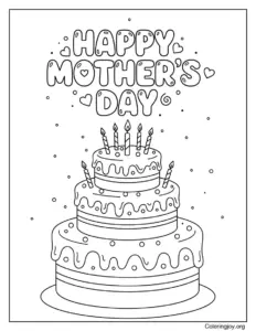 Happy Mothers Day Cake Coloring Page With Big Text