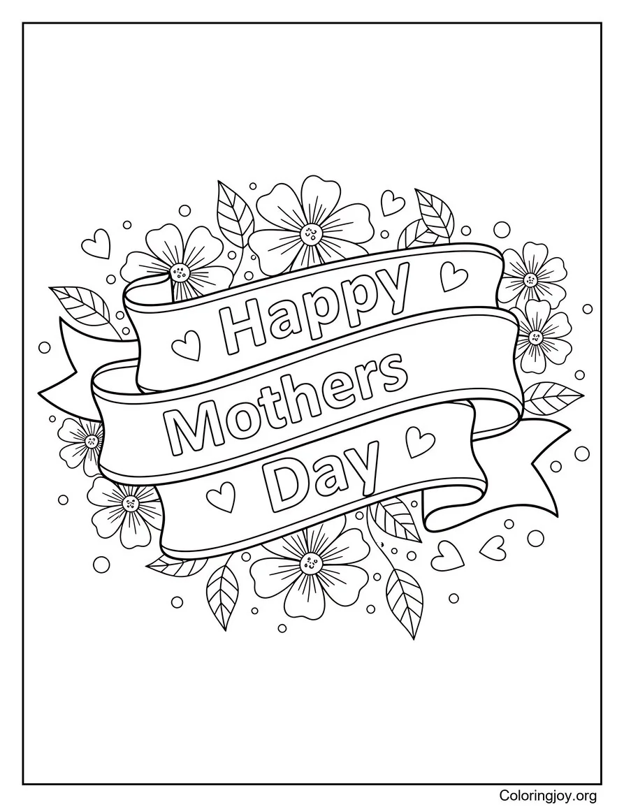 Happy Mothers Day Floral Banner Coloring Page Cute Style