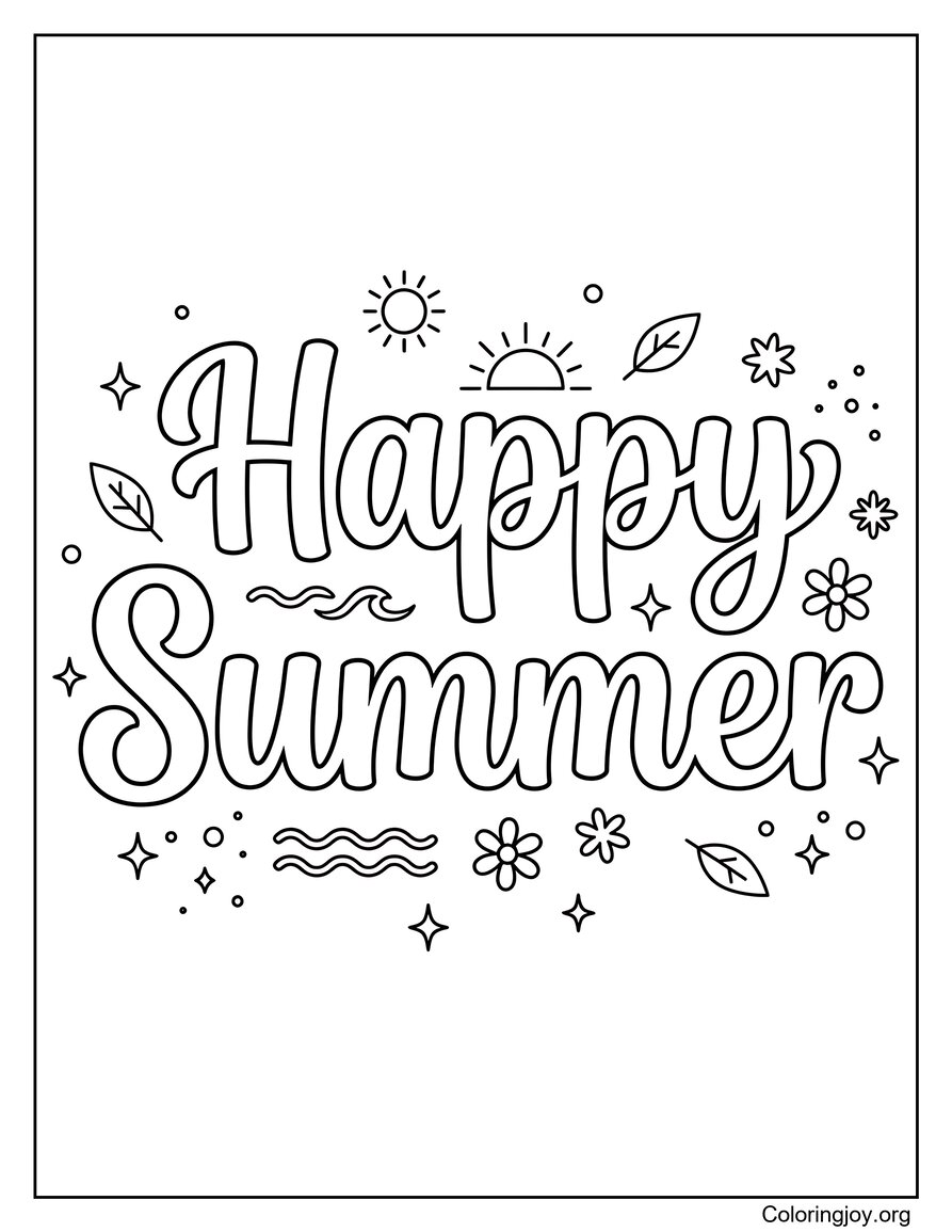 Happy Summer Cute Typography Coloring Page Printable