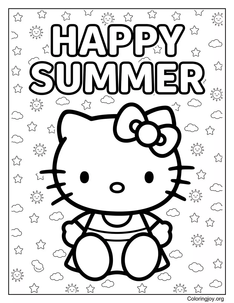 Happy Summer Hello Kitty Coloring Page