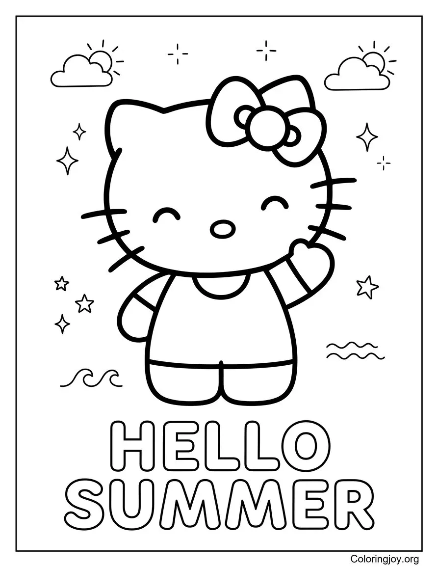Hello Summer Kitty Coloring Sheet