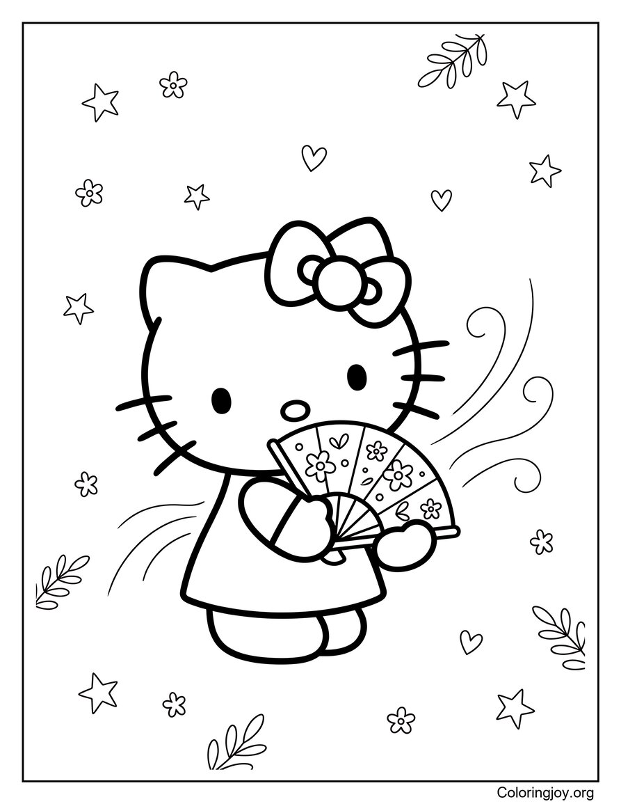Holding a Fan Hello Kitty Coloring Page