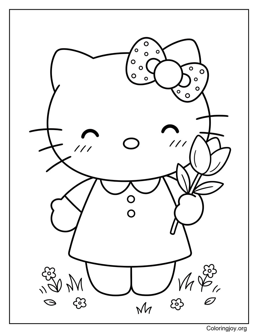 Hello Kitty Holding a Spring Flower