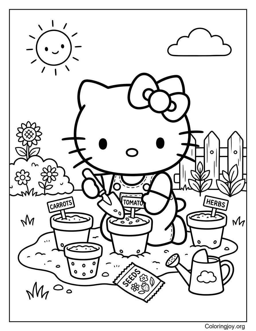Hello Kitty Planting Seeds in Garden Pots