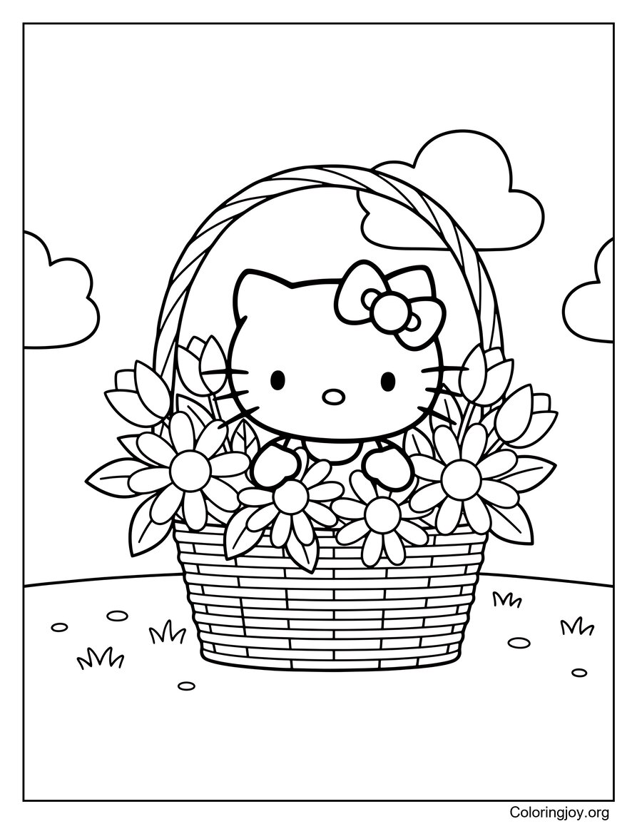 Hello Kitty in Basket of Spring Flowers
