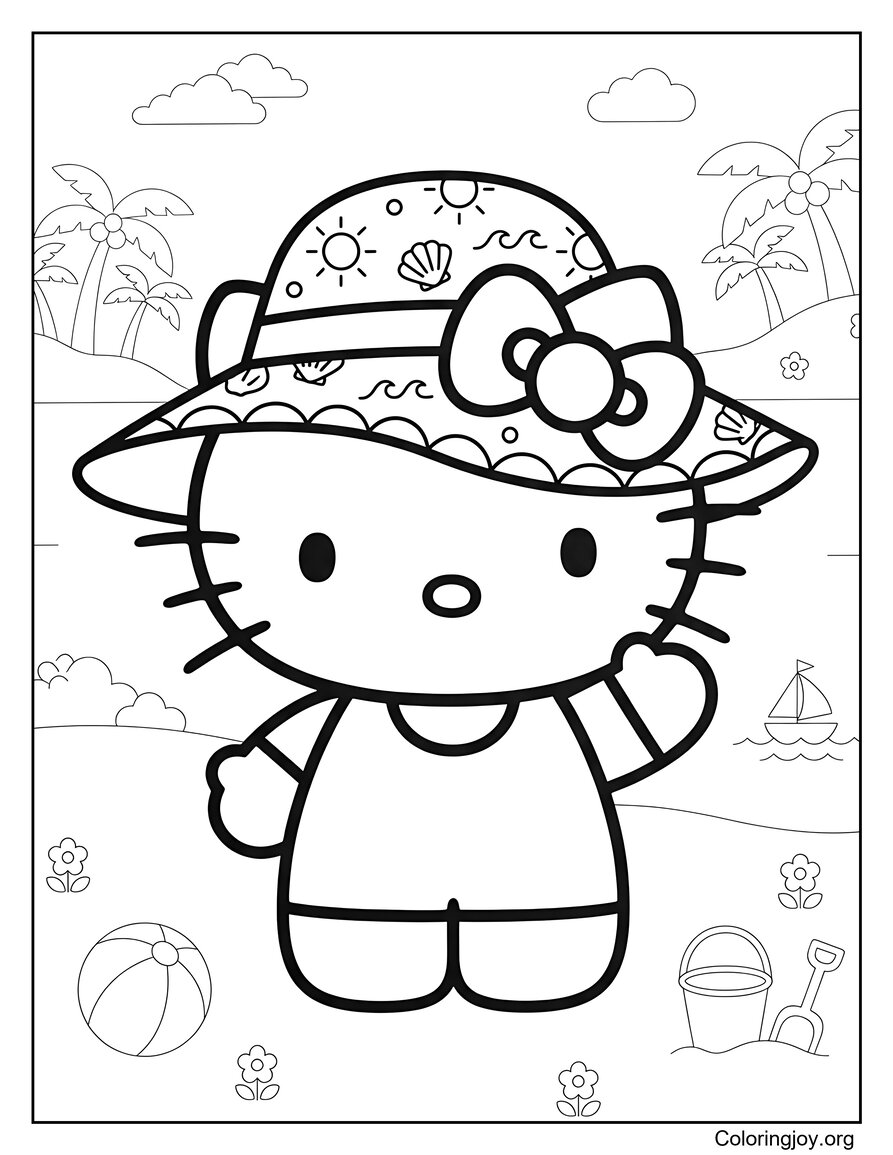 Big Sun Hat Kitty Coloring Page