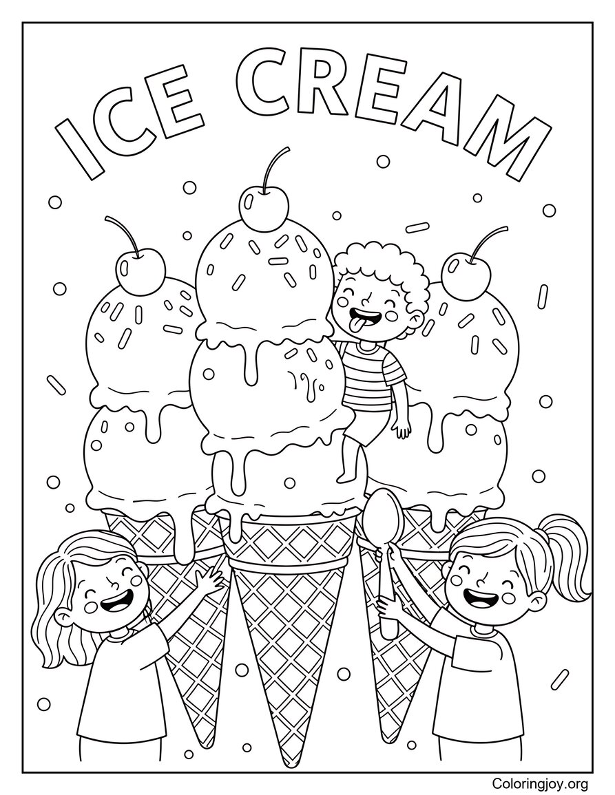 Ice Cream Treats Cute Summer Coloring Page for Kids