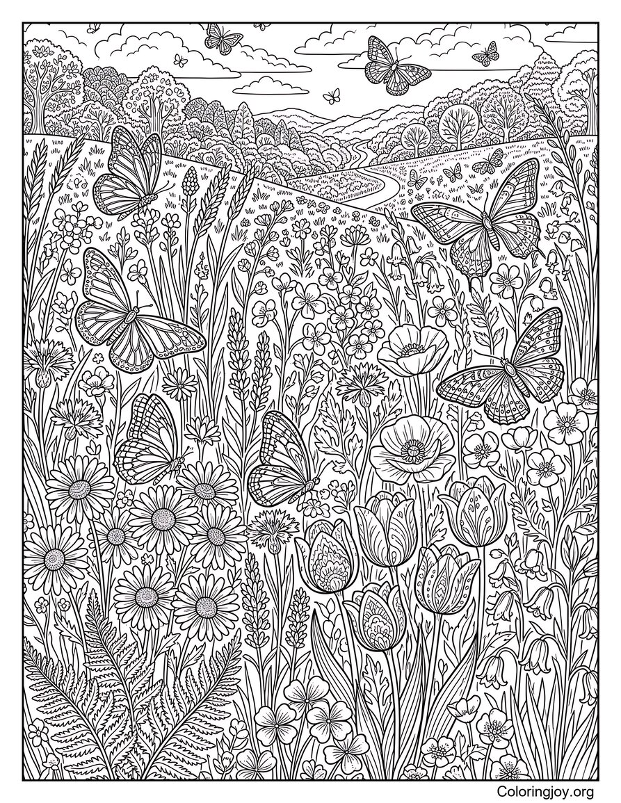 Spring Wildflower Meadow Coloring Page