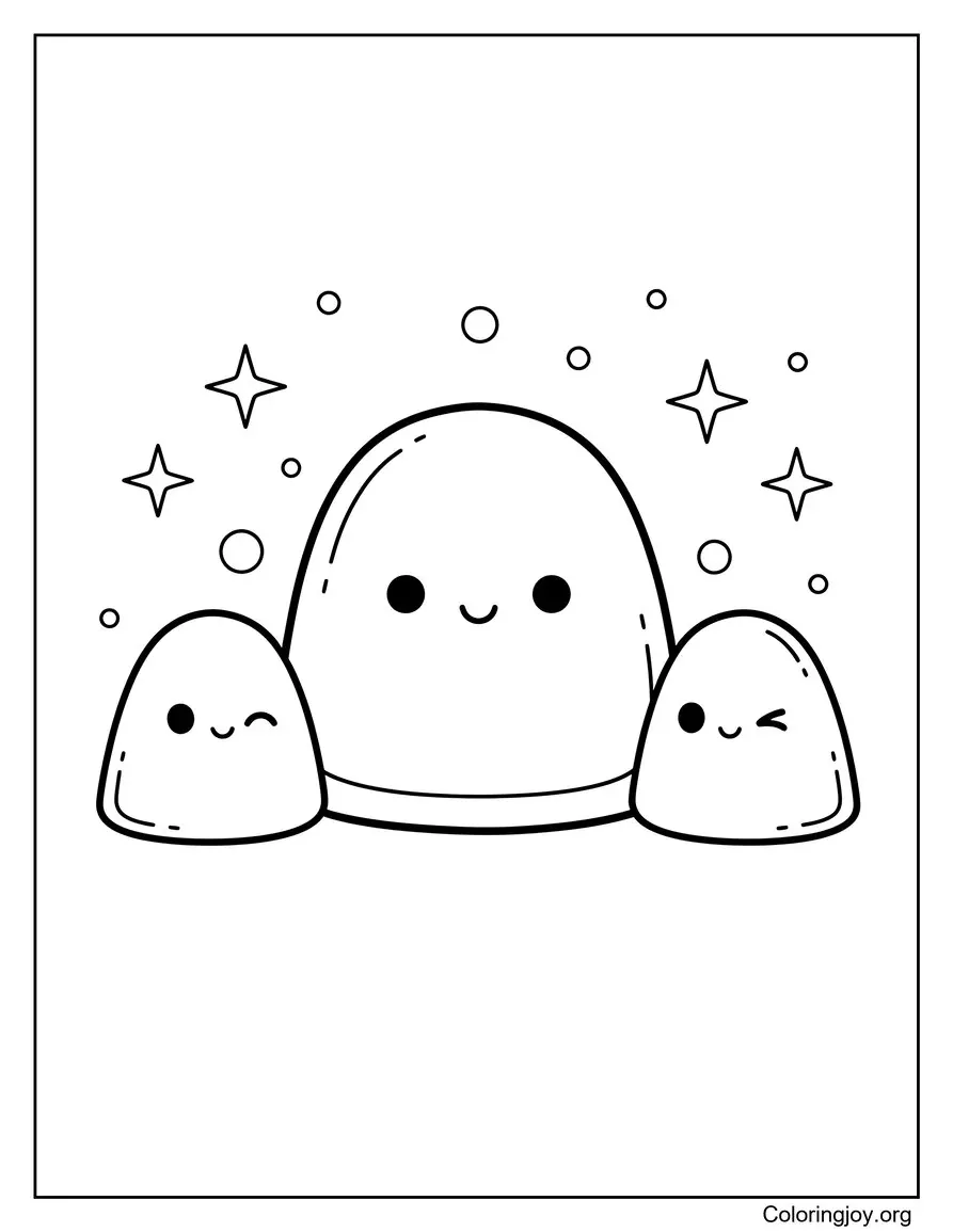 Kawaii Gumdrops With Happy Faces And Sparkles Coloring Sheet