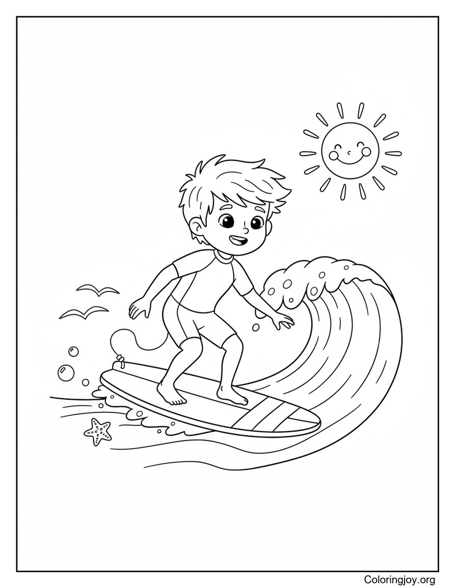 Kid Learning Surfing At Sunny Beach Coloring Sheet
