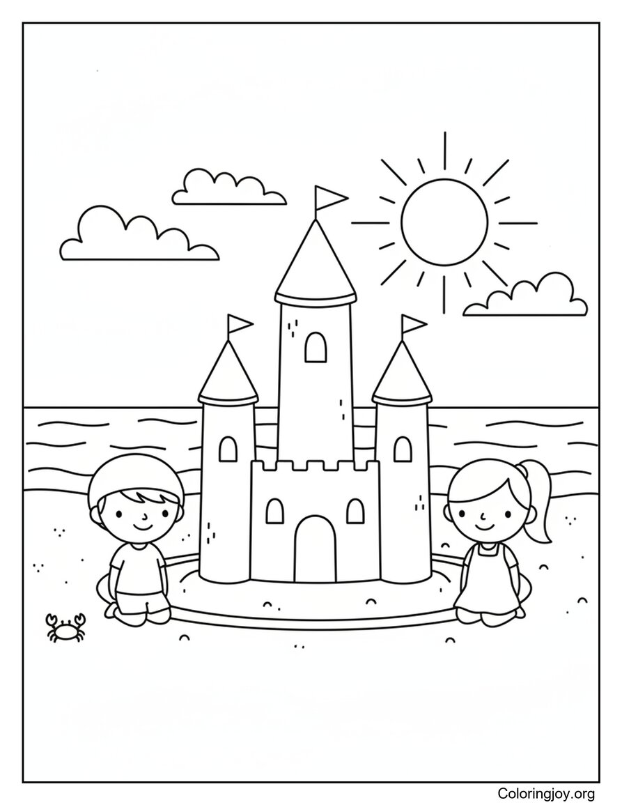Kids Building A Giant Sandcastle At The Beach Coloring Sheet