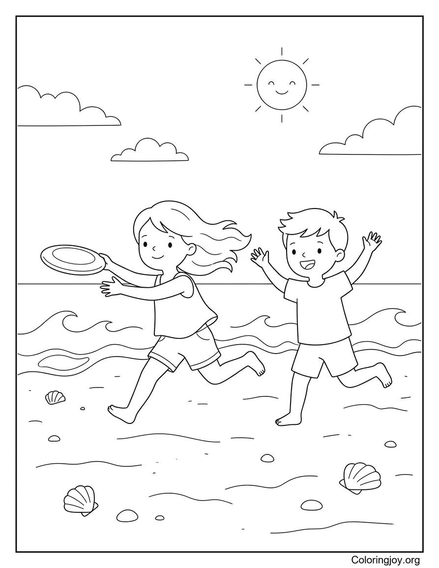 Kids Playing Frisbee On The Beach Coloring Sheet