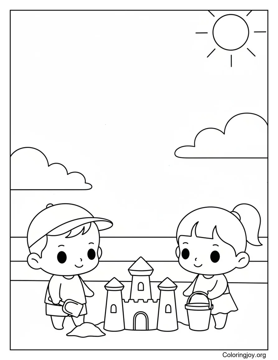 Kids Playing With Buckets And Shovels In Sand Coloring Sheet