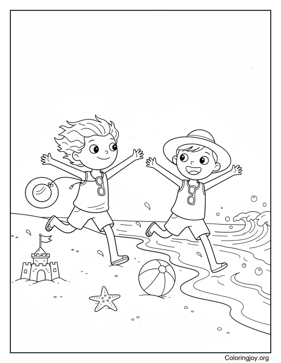 Kids Running Along The Beach Shoreline Coloring Page
