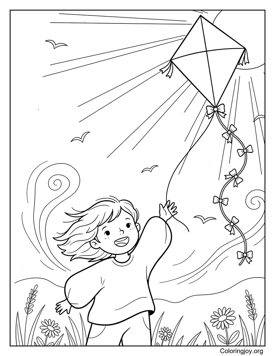 Kite Flying Windy Day Summer Coloring Page for Kids