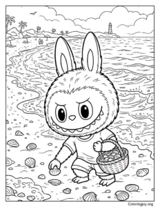 Collecting Seashells on the Shore Labubu-Inspired Coloring Sheet