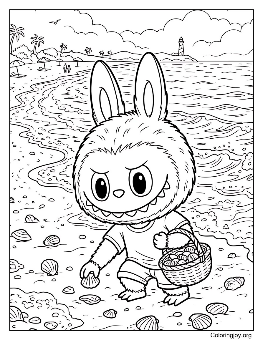 Collecte de coquillages sur le rivage Feuille de coloriage inspirée de Labubu