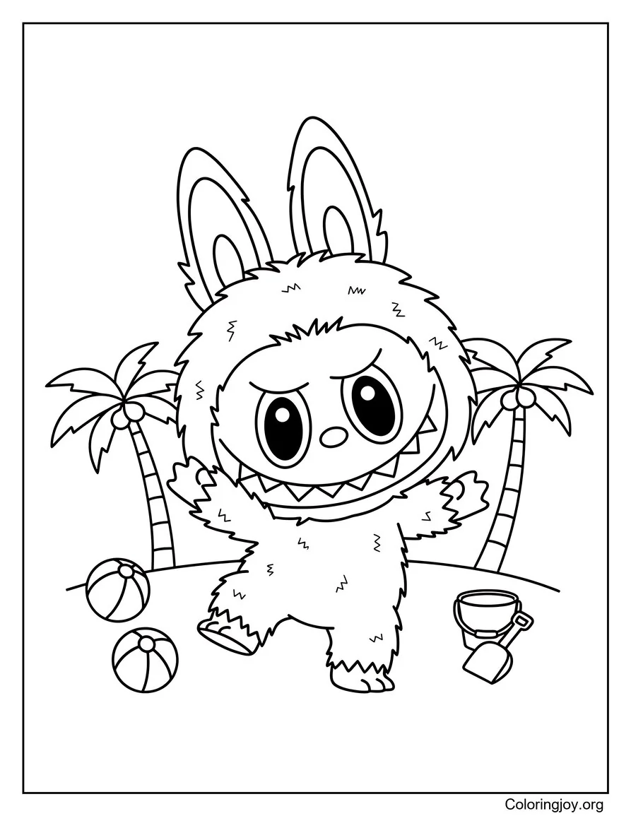 Summer Beach Party Dancing Labubu-Inspired Coloring Page