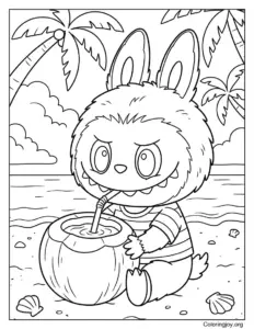 Drinking Coconut Water with Straw Labubu-Inspired Coloring Sheet