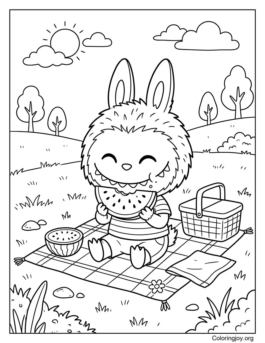 Eating Watermelon on Picnic Mat Labubu-Inspired Coloring Page