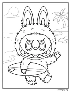 Holding a Surfboard on the Beach Labubu-Inspired Coloring Page