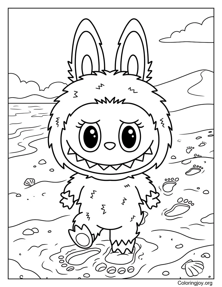 Making Footprints in the Sand Labubu-Inspired Coloring Page