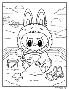 Playing in Sand Pit with Toys Labubu-Inspired Coloring Sheet