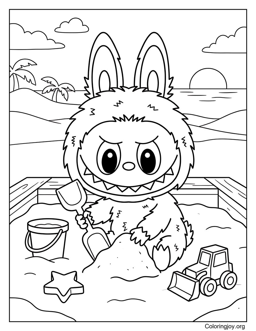 Jouer dans un bac à sable avec des jouets Feuille de coloriage inspirée de Labubu