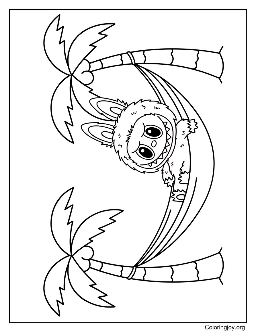 Se détendre dans un hamac entre des palmiers Page de coloriage inspirée de Labubu