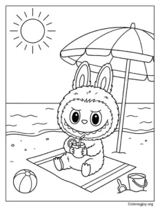 Sitting Under a Beach Umbrella Labubu-Inspired Coloring Sheet
