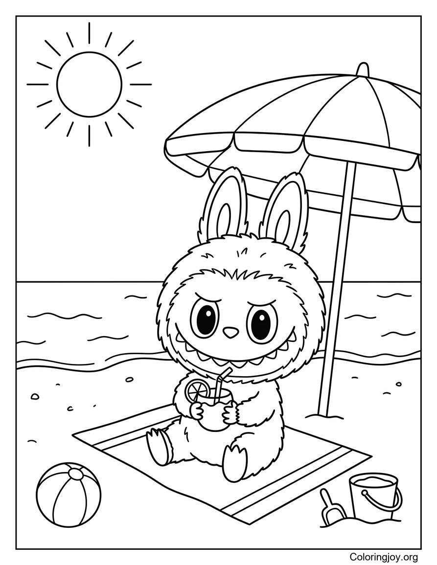 Assis sous un parasol de plage Labubu-Feuille de coloriage inspirée