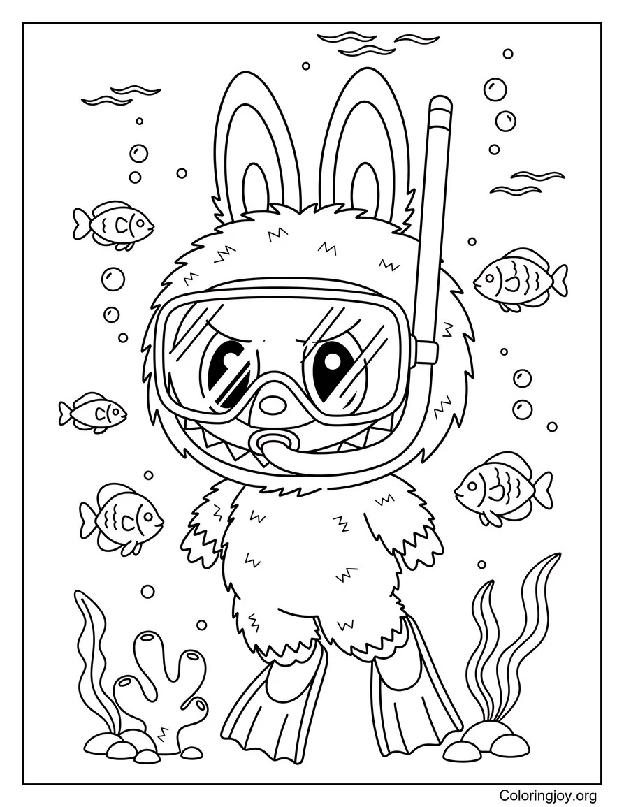 Snorkeling with Fish Underwater Labubu-Inspired Coloring Page