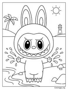 Splashing Water at the Shoreline Labubu-Inspired Coloring Page